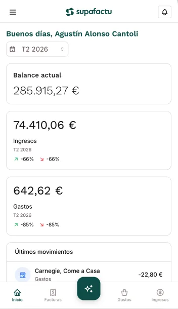 Resumen mensual de Supafactu en móvil con ingresos, gastos e IVA del mes